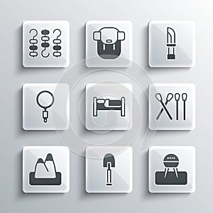 Set Shovel, Barbecue grill, Match stick, Bed, Mountains, Magnifying glass, Grilled shish kebab on skewer and Knife icon