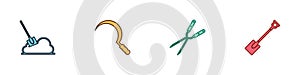 Set Shovel in the ground, Sickle, Gardening handmade scissor and shovel icon. Vector