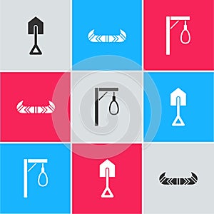 Set Shovel, Kayak or canoe and paddle and Gallows icon. Vector
