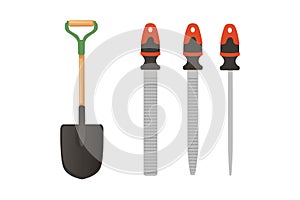 Set of shovel and rasp with handle vector illustration isolated on white background