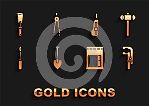 Set Shovel, Sledgehammer, Clamp tool, Cement bag, Screwdriver, Stationery knife, Putty and Drawing compass icon. Vector