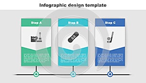 Set Shovel in snowdrift, Snowboard and Ice hockey stick and puck. Business infographic template. Vector