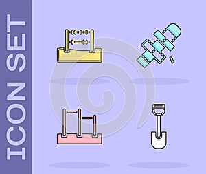 Set Shovel toy, Abacus, Horizontal bar and Hopscotch icon. Vector