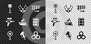 Set Shovel toy, Slingshot, Xylophone, Rattle baby, Toy horse, Fidget spinner, Ray gun and boat icon. Vector