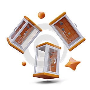 Set of shower cabins in different positions, decorative elements. 3D vector objects