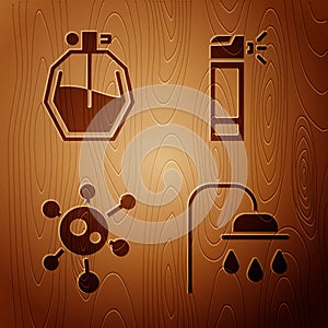 Set Shower head, Perfume, Virus and Bottle with nozzle spray on wooden background. Vector