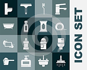 Set Shower head, Toilet bowl, Dental floss, Toothbrush, Tube of toothpaste, Bathtub, and Wet wipe pack icon. Vector