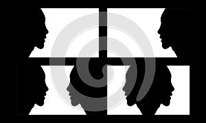 Set of a side view of human avatar face silhouette on black and white background. Side face shape of a man profile with 4 act.