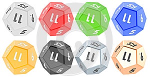 Set of 12 sided die, dodecahedron dice, various colors. 3D rendering photo
