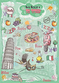 A set of sights in Italy, architecture, food, transportation, items