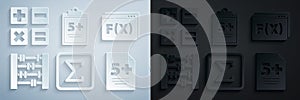 Set Sigma symbol, Function mathematical, Abacus, Test or exam sheet, and Calculator icon. Vector