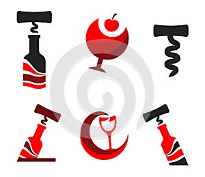 Set Sign corkscrew and a bottle of red wine. wineglass with cherry