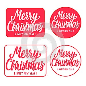 Set sign stamp typography Merry Christmas and Happy New Year on rectangular and round. Hand drawn lettering inscription