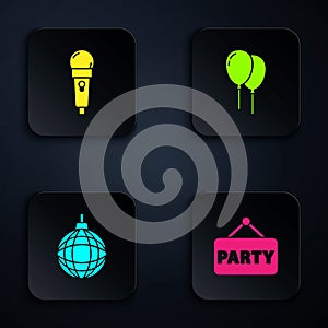 Set Signboard party, Microphone, Disco ball and Balloons with ribbon. Black square button. Vector