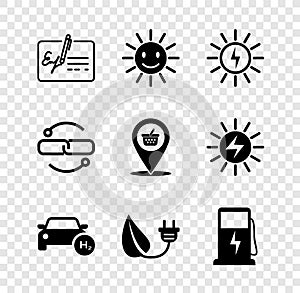 Set Signed document, Cute sun with smile, Solar energy panel, Hydrogen car, Electric saving plug in leaf, charging