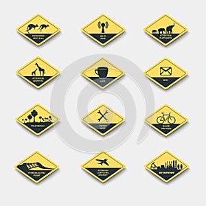 Set of signs of attention, caution and danger