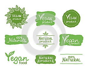 Set of signs, icons, emblems for vegan and natural product. Hand lettering