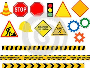 Set of signs and symbols under construction on white background. Traffic road repair barriers set. flat style