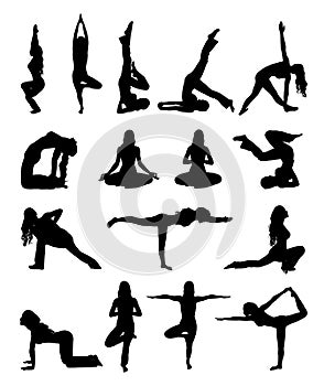 Set of sihouette woman doing yoga exercise isolated on white