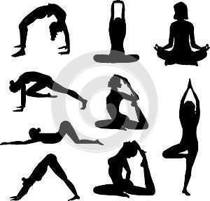 Set of silhouets of different positions in yoga photo