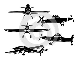 Set silhouette Airplane in doodle style isolated on white background. Set of agricultural aircraft vector outline icons for kids