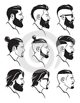 Set of silhouette bearded men faces hipsters style photo