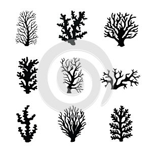 Set of silhouette corals and grass isolated on white background.