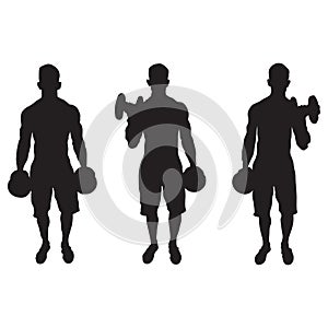 A set of silhouette depicting man doing alternating bicep curls arm exercise isolated on a white background. EPS Vector
