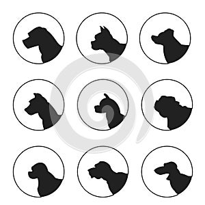 Set of silhouette dogs heads