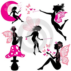 Set of silhouette fairy girls with butterflies