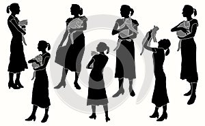 Set of silhouette girl with a cat with basic outlines included