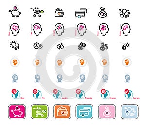 Set of silhouette head, brain, and pulses