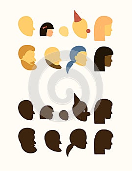 Set - silhouette of head - people, withe and black female, male, muslim, beard mustache, bald undercut hairstyles, girl