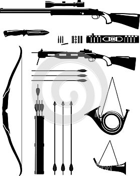 Set of silhouette hunting weapons in flat style