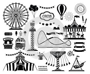 Set of silhouette icons of circus, amusement park. Carnival parks carousel attraction, fun rollercoaster and ferris wheel