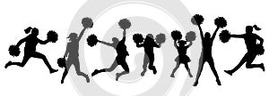 Set of silhouette jumping cheerleaders with pom-poms. Vector illustration