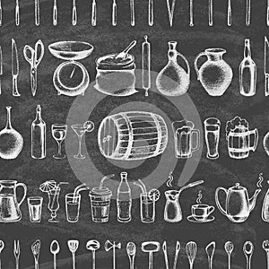 Set of silhouette kitchen tools and beverages.