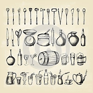 Set of silhouette kitchen tools and beverages.