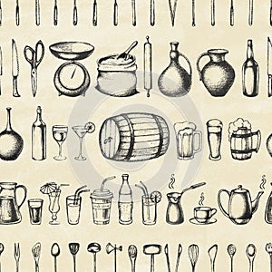 Set of silhouette kitchen tools and beverages.
