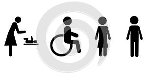 Set with silhouette signs people. Disabled person. Changing table sign. Vector icon. Stock image