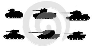 Set Silhouette Tank American German Britain Soviet French World War 2 icons. Military army machine war, weapon, battle