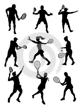 Set silhouette of tennis players girl and guy playing tennis black shadow