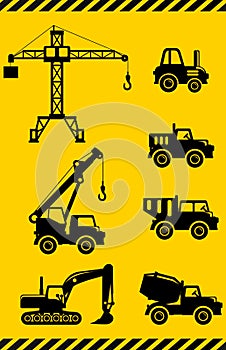 Set of silhouette toys heavy construction machines in a flat style.