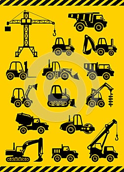 Set of silhouette toys heavy construction and mining machines in a flat style. Vector illustration.