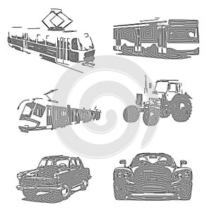 Set silhouette transport black lines mi on a white background, tram, machine, tractor, vector illustration, eps 10