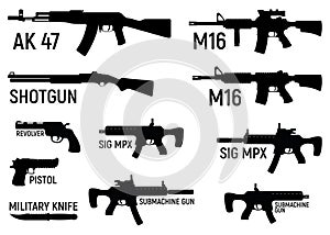 Set of silhouette weapon military rifle, revolver and pistol, shotgun carbine, knife and submachine gun black simple icon vector