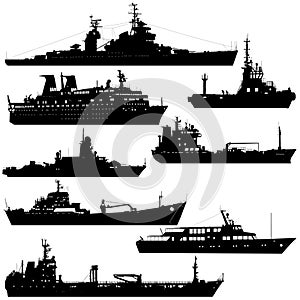 Set silhouette on a white background of a ship military destroyer and a transport ship