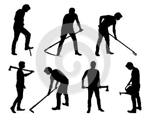 Set silhouette of young man - gardener or farmer with tools in d