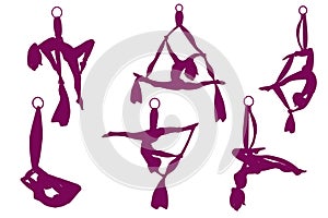 Set. Silhouettes of an aerialist with silk ribbon and hammock. Girl. Aerial Yoga. Stretching exercises