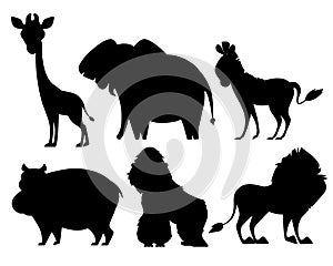 Set of silhouettes of African animals isolated on white background. Vector illustration